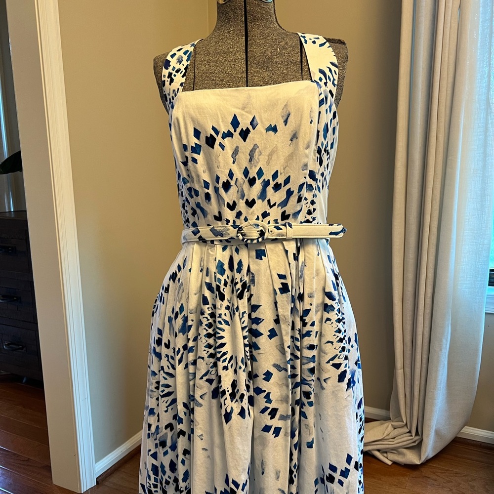 White House Black Market White and Blue Printed Tie-Waist Midi Dress